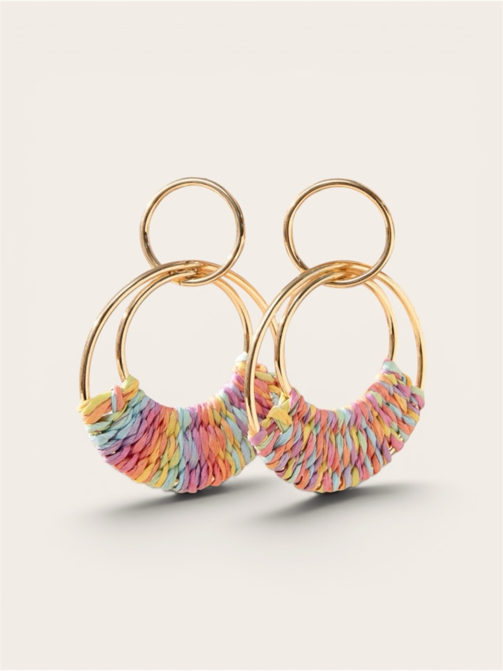 New Gold Tone Round Drop Dangle Earrings Pastel Woven Raffia Bohemian Posts - Picture 9 of 9